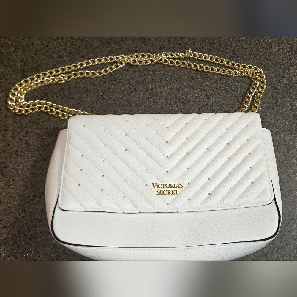Victoria's Secret White Quilted Crossbody Bag with Gold Chain